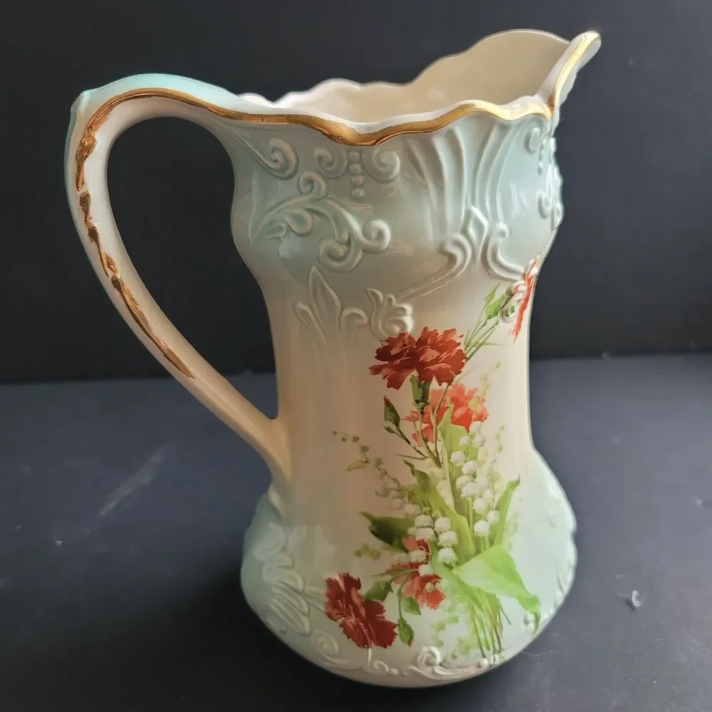 Vtg Pitcher Grandma Core Pitcher Vase Signed RS Prussia Gold Blue 9